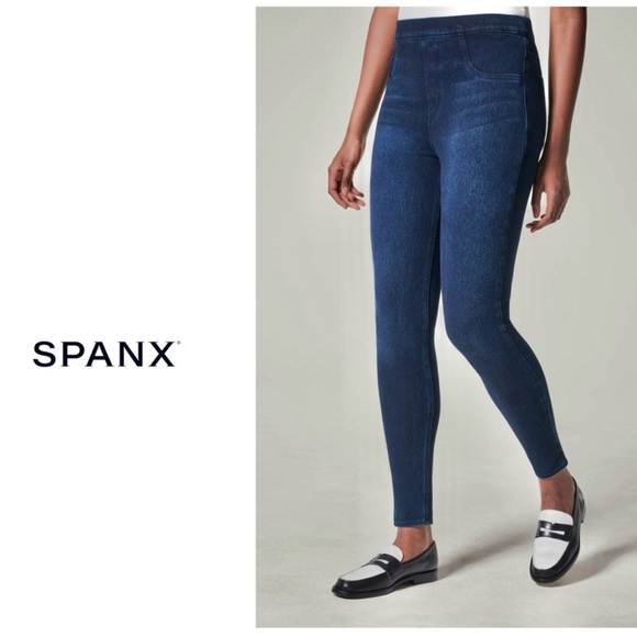$148 SPANX Jeanish Leggings premium denim flatterfit indigo 27” inseam small - Picture 3 of 16